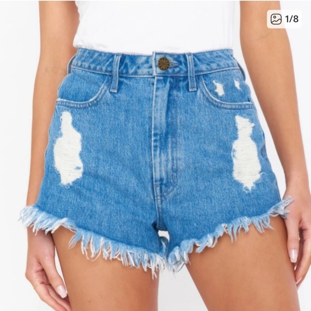 NWT Show Me Your Mumu Houston High Waisted Shorts Size 28 Raw Hem Destroyed Jean